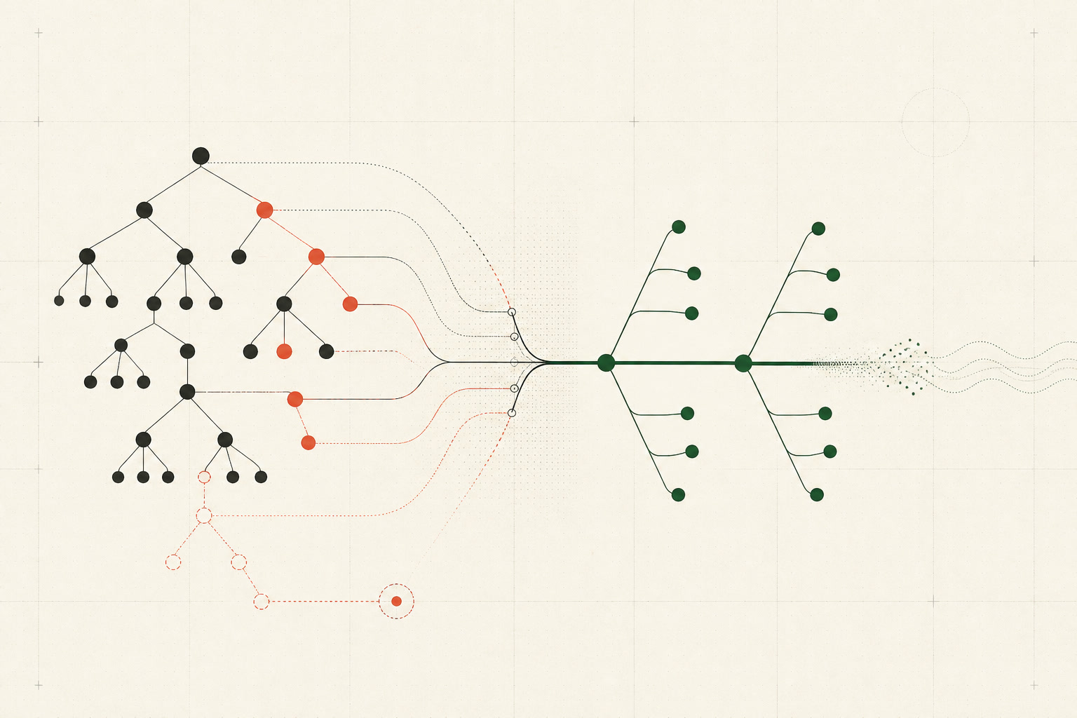 Cartographie abstraite d’une migration de site : anciennes URL, redirections contrôlées, nouvelles pages et signal de visibilité